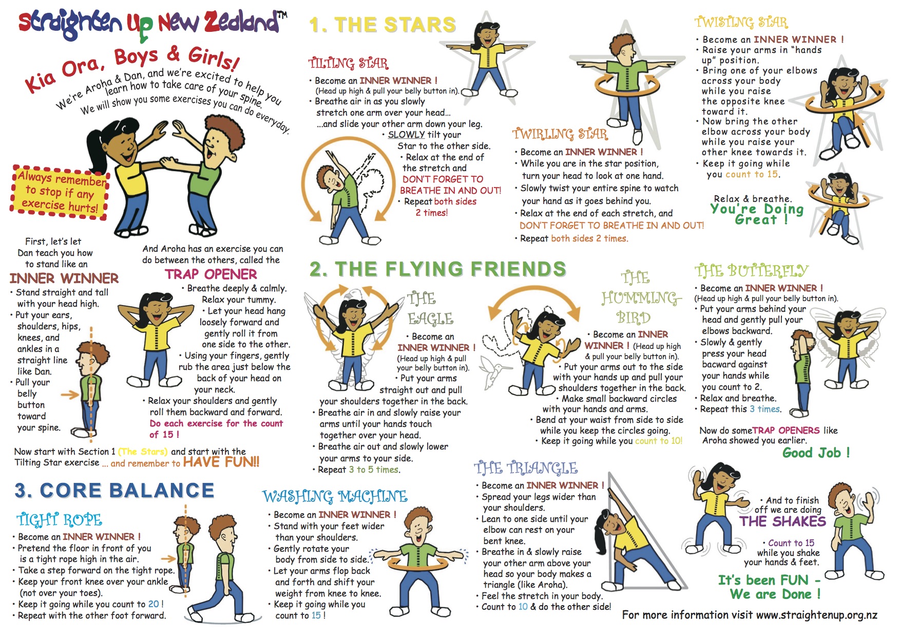 Straighten Up Exercises-kids A4 wall chart - Kiwi Families