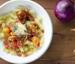 Vegetables and pasta in spiced tomato sauce