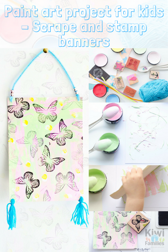 Paint art project for kids – Scrape and stamp banners