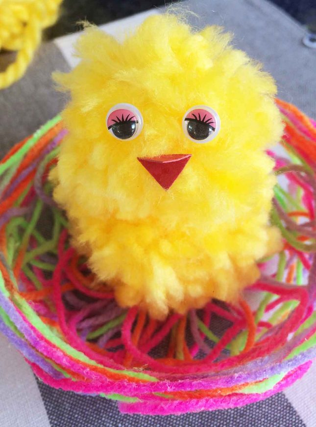 easter string basket and pompom chicken completed chick