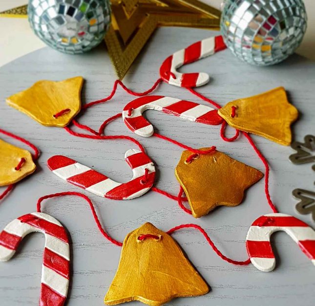 Air drying clay Christmas decorations candy cane and bell bunting