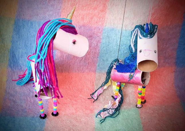 Toilet roll Unicorn marionette with wings